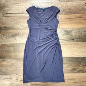 Lauren Ralph Lauren Wrap Dress Ruched Ponte Knit Sleeveless Gray Size 12 Stretch